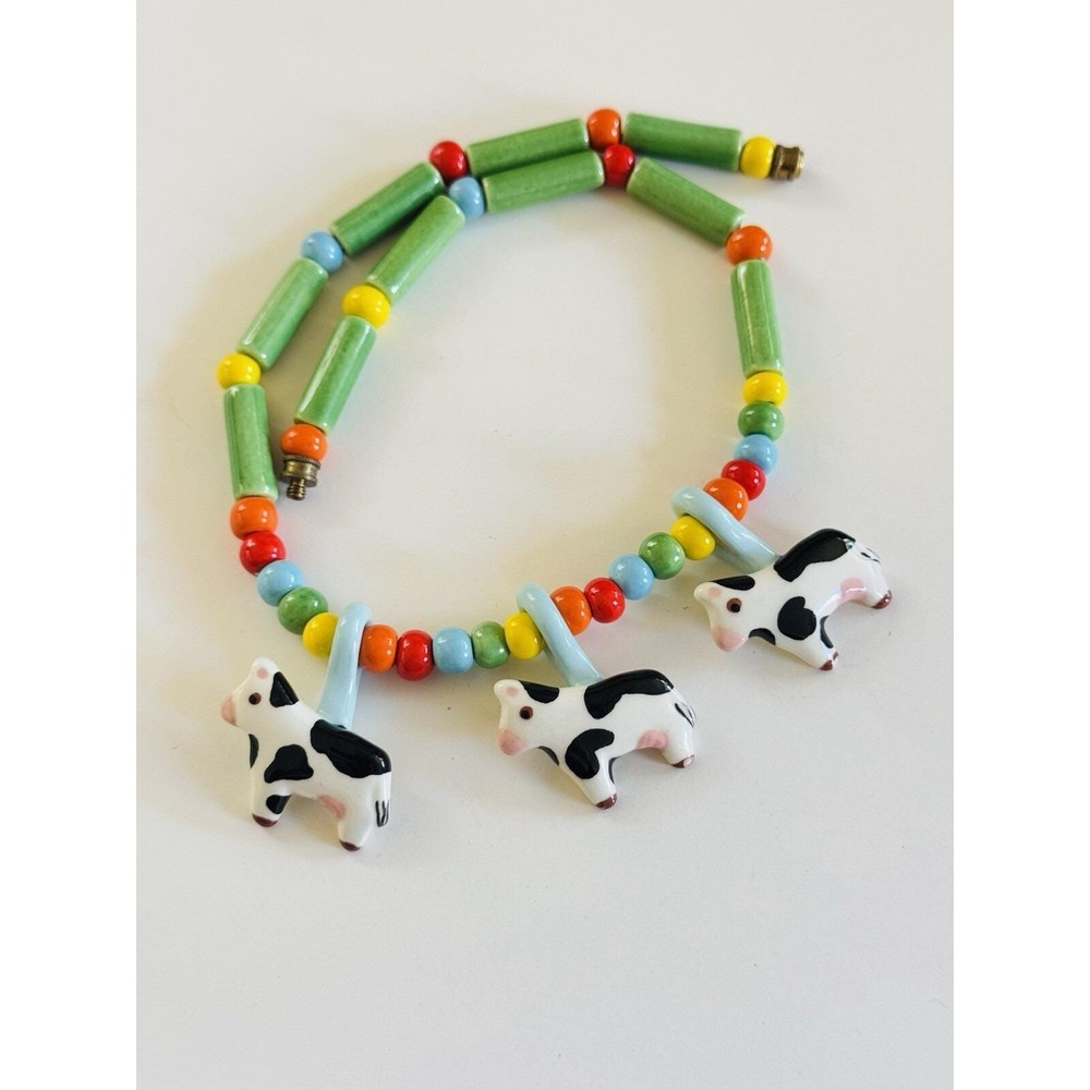 Flying Colors Signed Cow NECKLACE Ranch Western CERAMIC VTG Colorful Statement - Picture 4 of 7